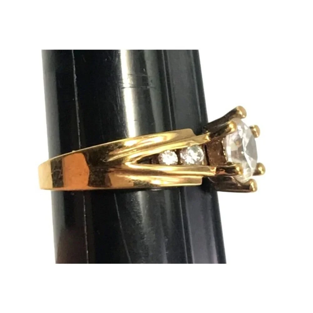Gold Tone Cocktail Engagement Ring CZ Solitaire & Graduated Side Stones Sz 9.75 - Picture 4 of 5